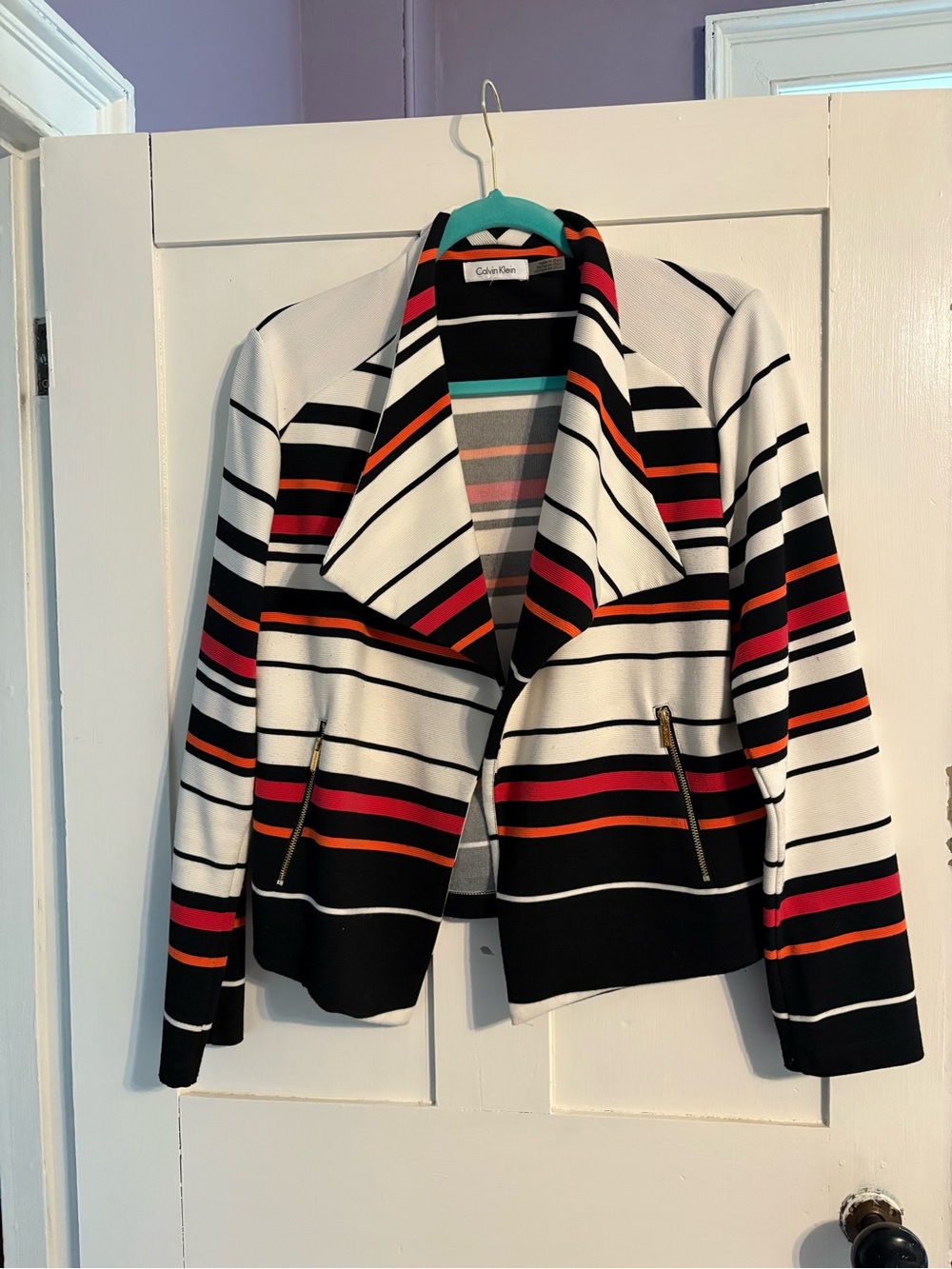 Calvin Klein Striped Open-Front Blazer in White, Black, Red and Orange